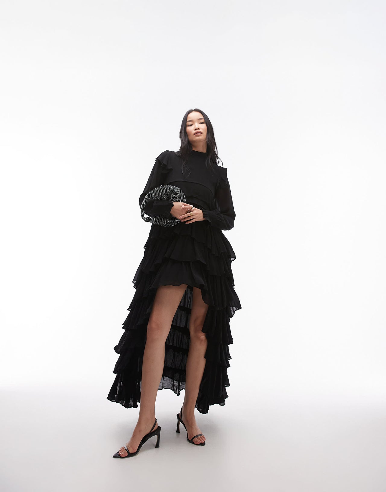 AllSaints Cavarly long sleeve tiered ruffle maxi dress in black