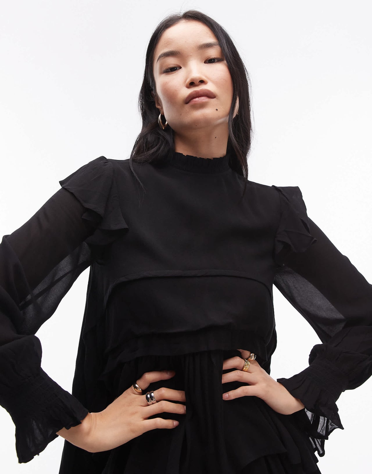 AllSaints Cavarly long sleeve tiered ruffle maxi dress in black