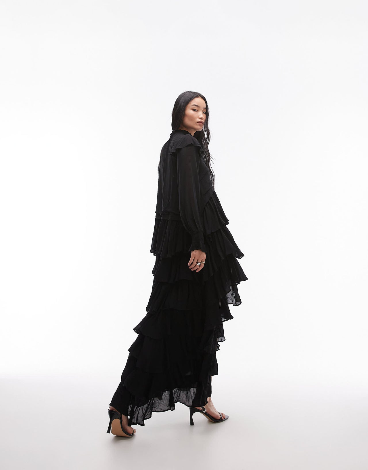 AllSaints Cavarly long sleeve tiered ruffle maxi dress in black