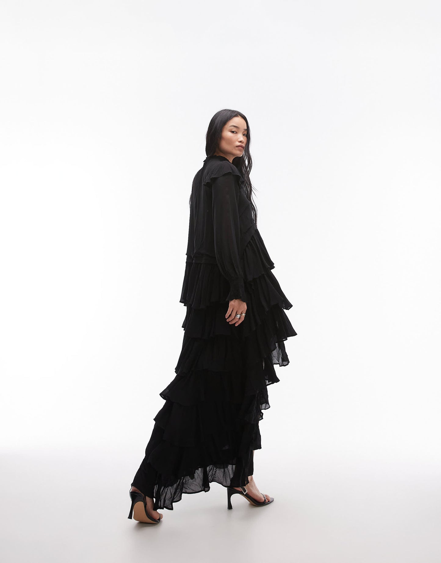 AllSaints Cavarly long sleeve tiered ruffle maxi dress in black