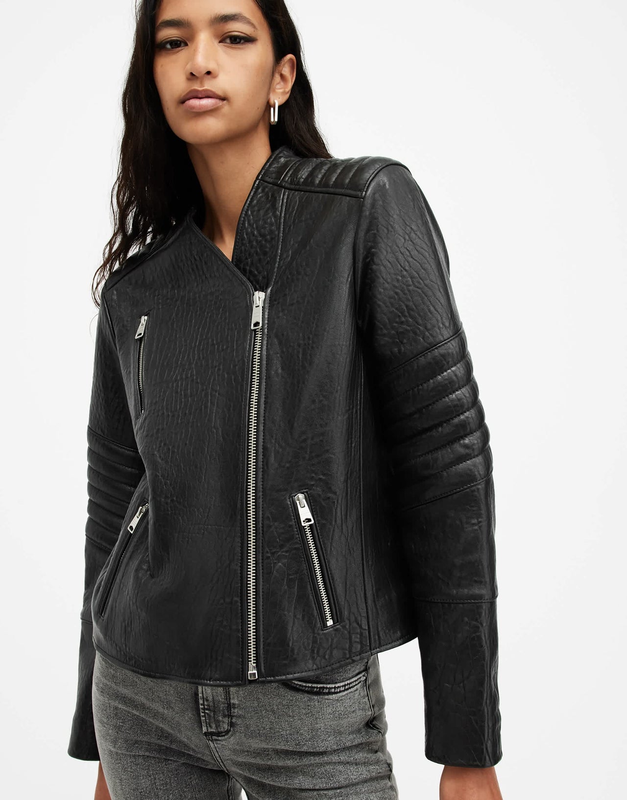 AllSaints Crawley collarless leather biker jacket in black