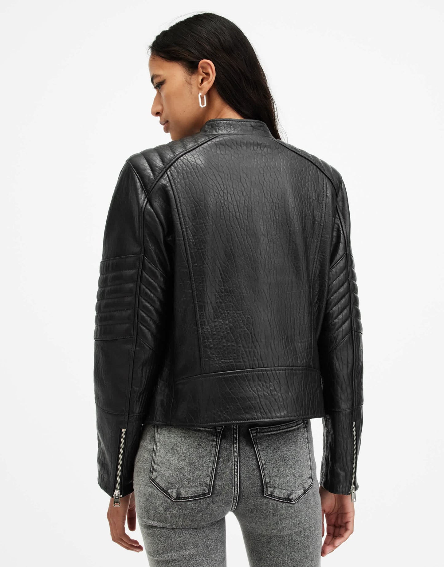AllSaints Crawley collarless leather biker jacket in black