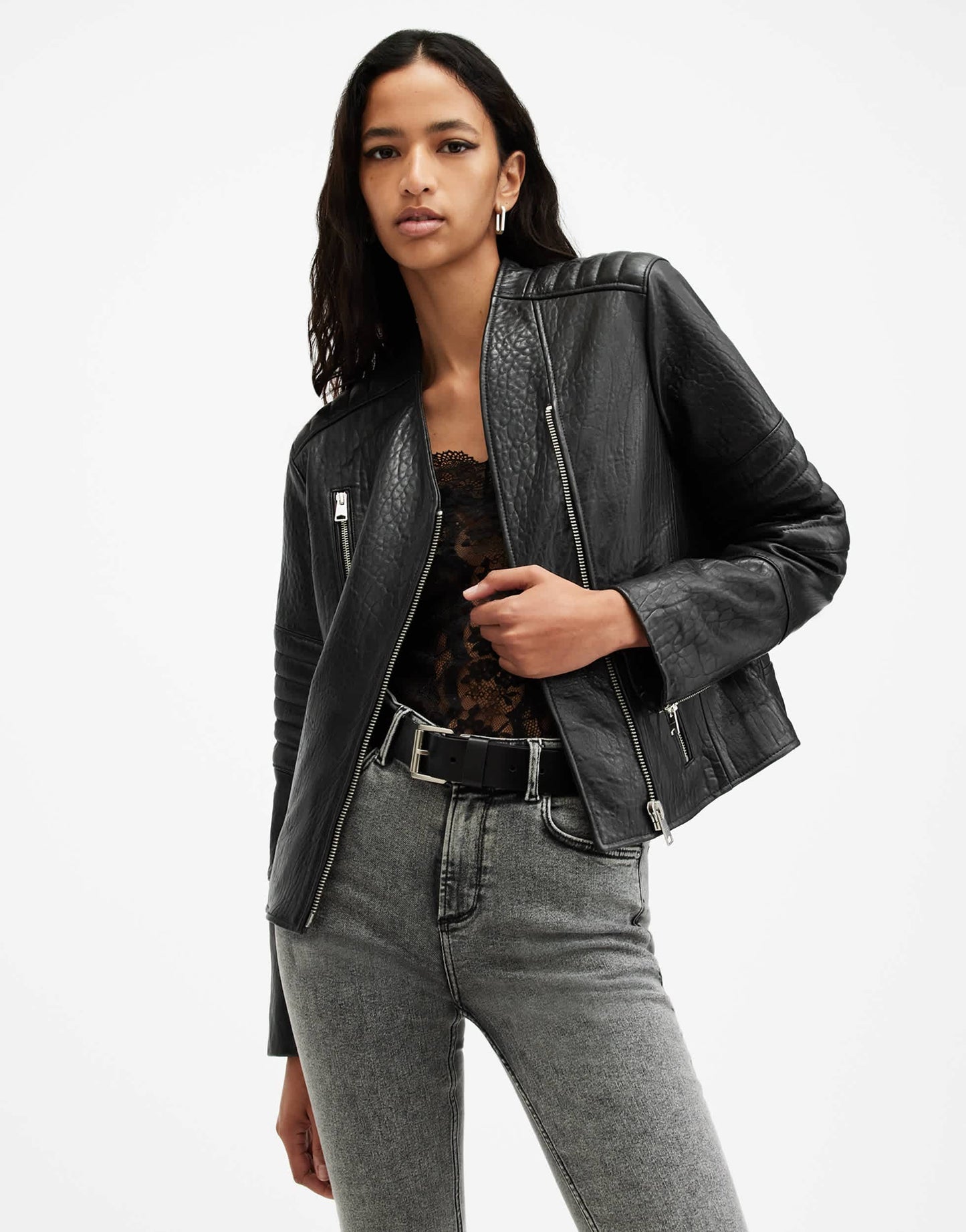 AllSaints Crawley collarless leather biker jacket in black