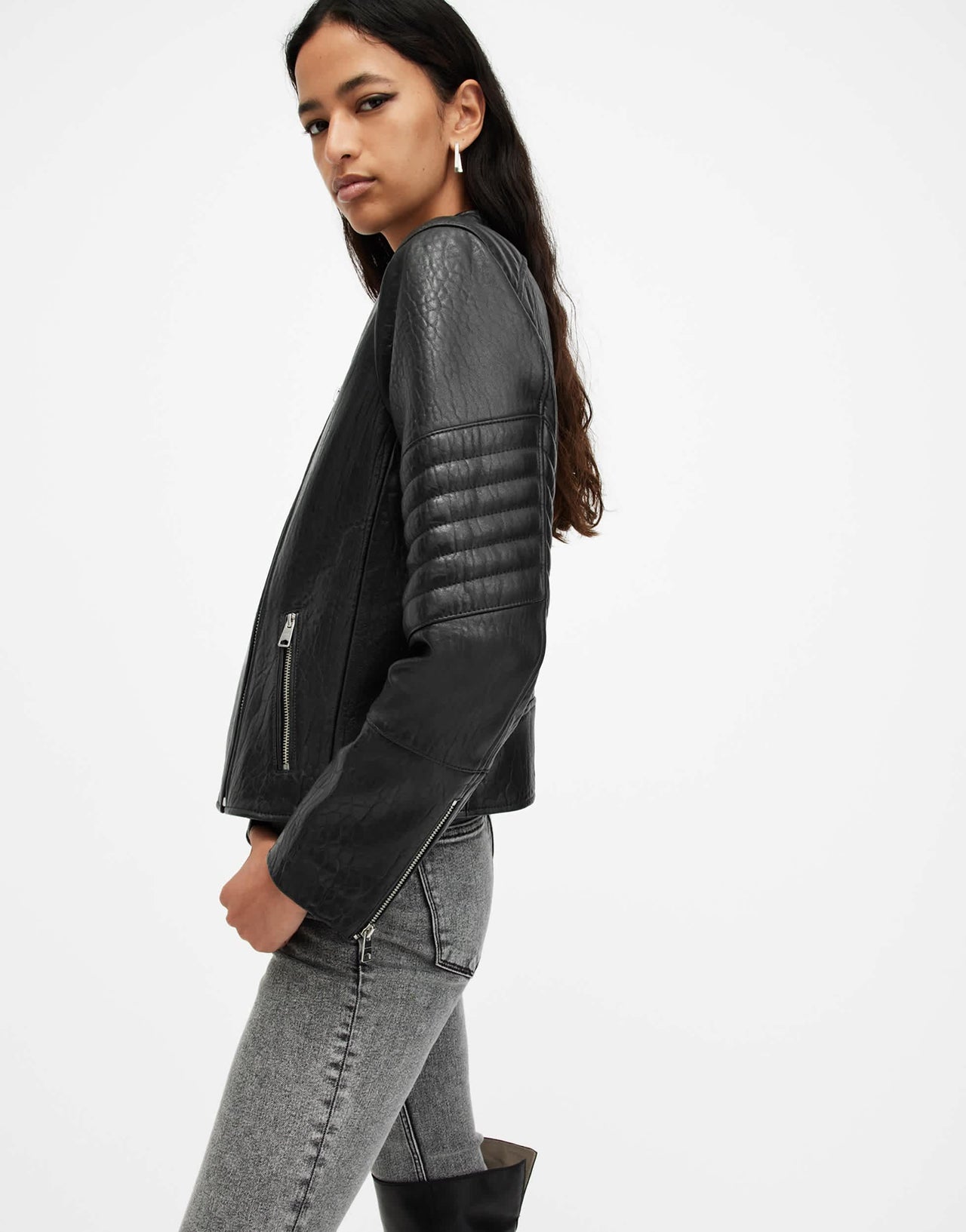 AllSaints Crawley collarless leather biker jacket in black