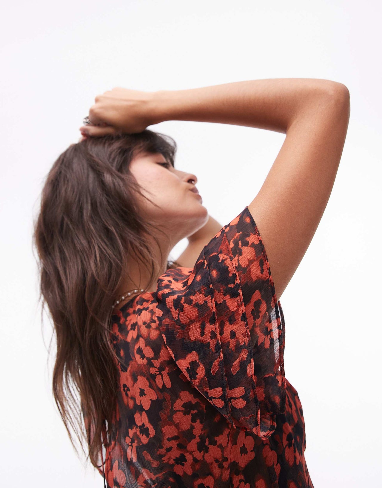 Topshop flutter sleeve midi dress in rust floral