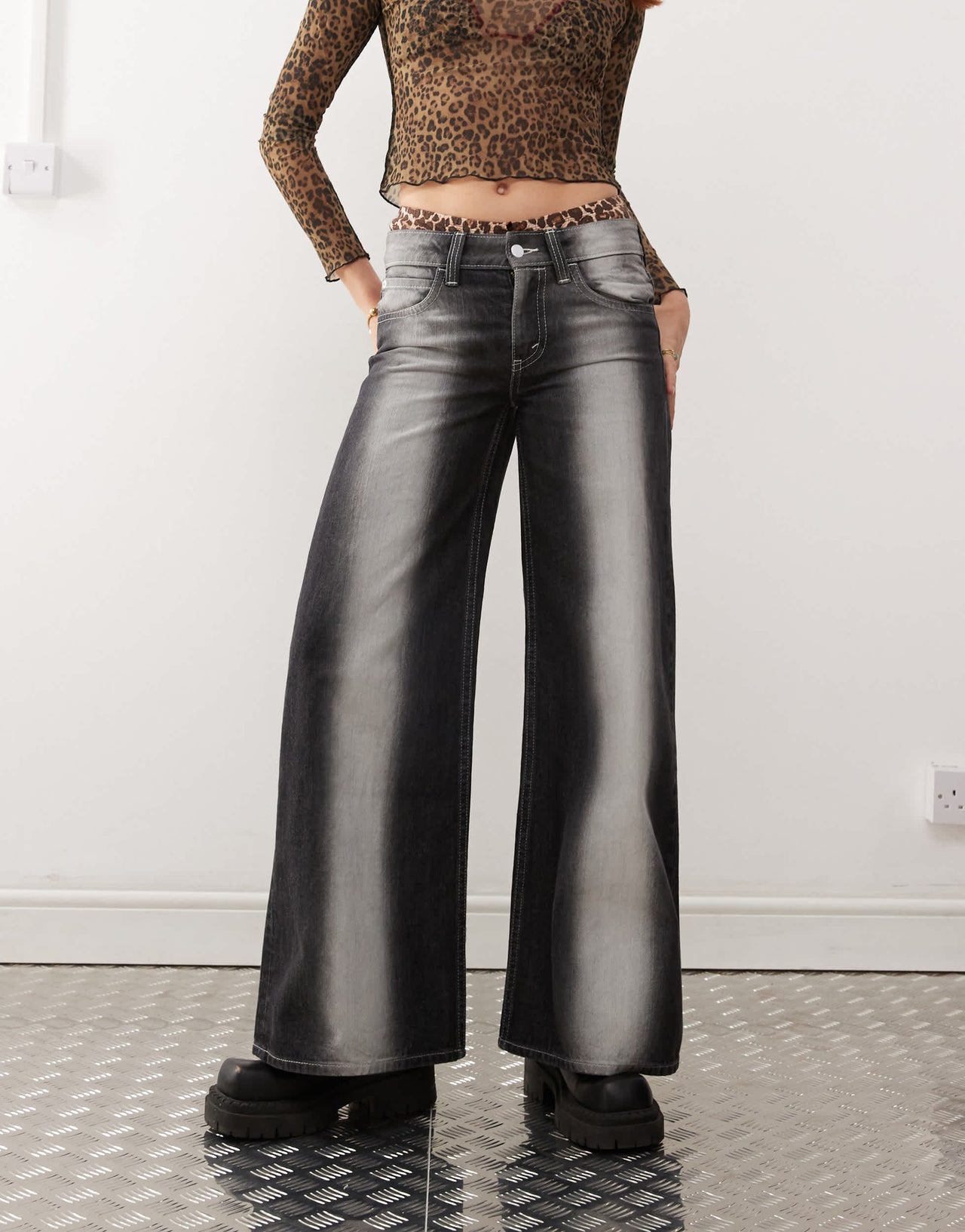 Cheap Monday Poser mid rise wide leg skater jeans with extreme spray in washed black