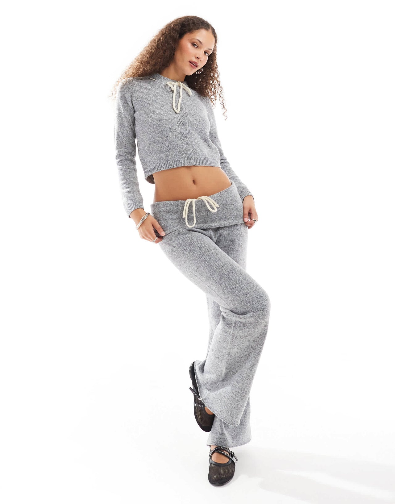 Daisy Street ribbon bow fold over flare fit knit trousers in grey co-ord