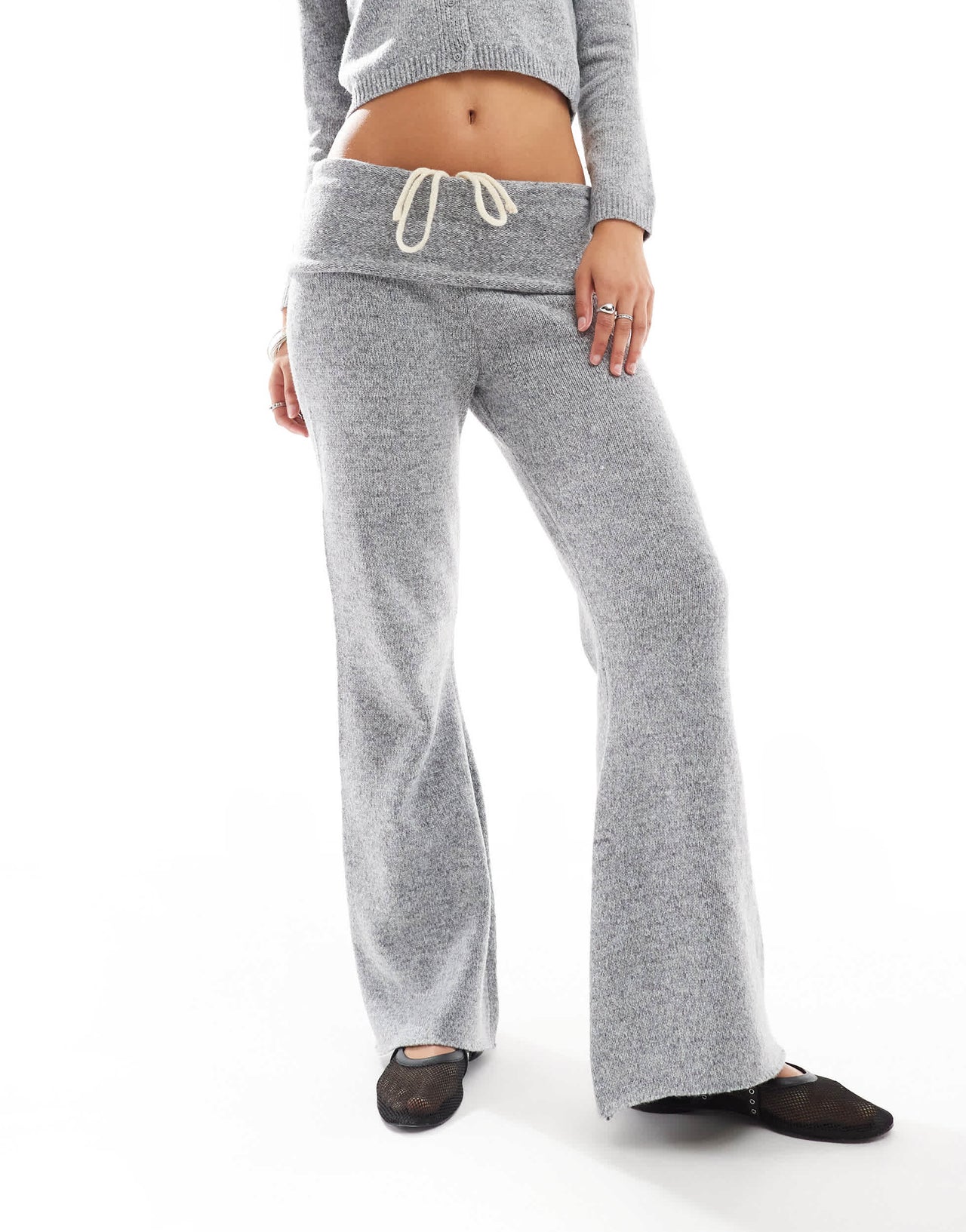 Daisy Street ribbon bow fold over flare fit knit trousers in grey co-ord