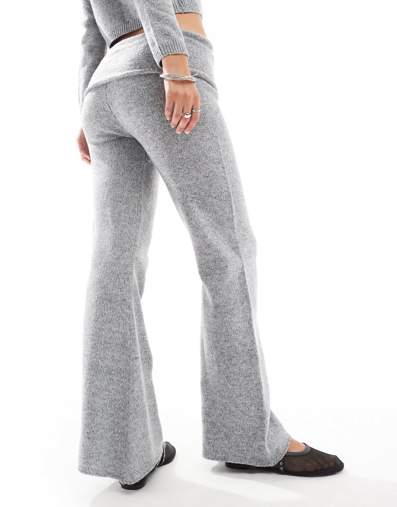Daisy Street ribbon bow fold over flare fit knit trousers in grey co-ord