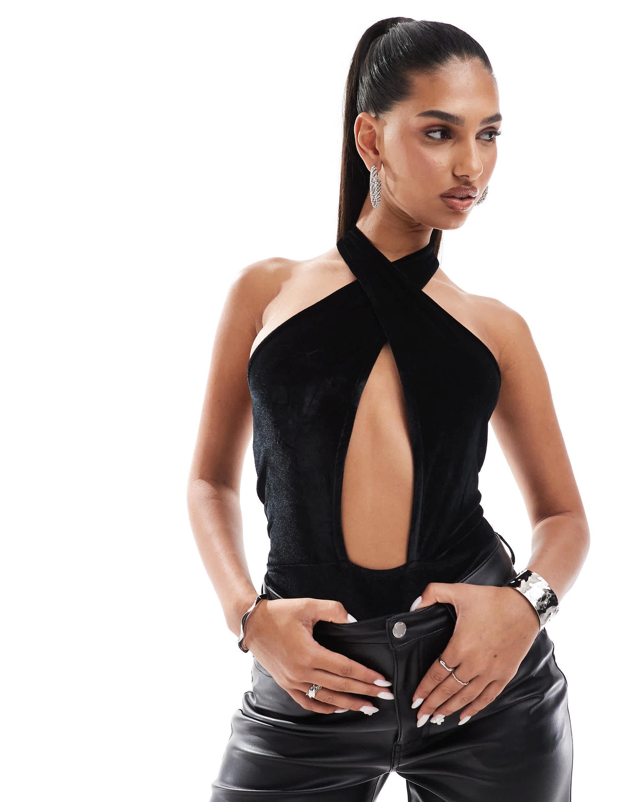 ASOS DESIGN velvet plunge wrap over halter bodysuit in black
