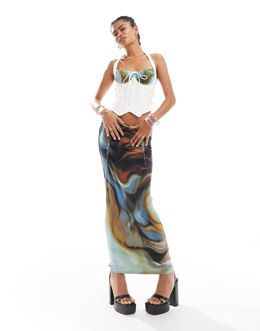 The Kript Seraph slip skirt with lattice front in multi marble print co-ord