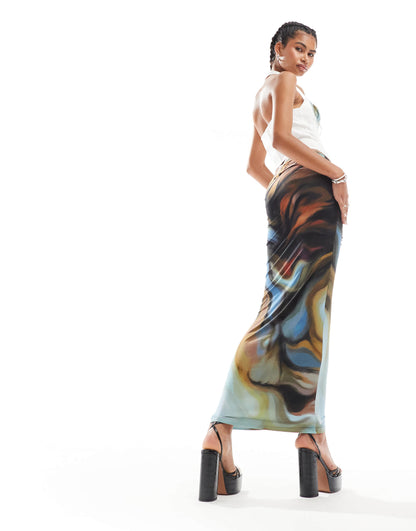 The Kript Seraph slip skirt with lattice front in multi marble print co-ord