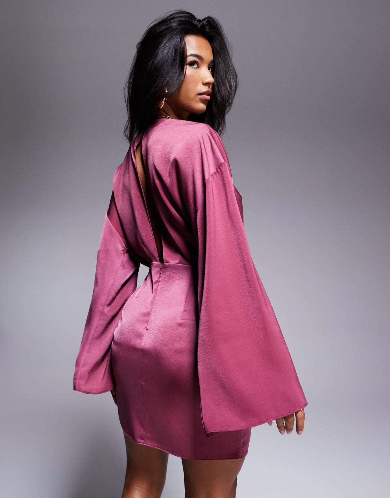 ASOS DESIGN long sleeve satin batwing mini dress in orchid