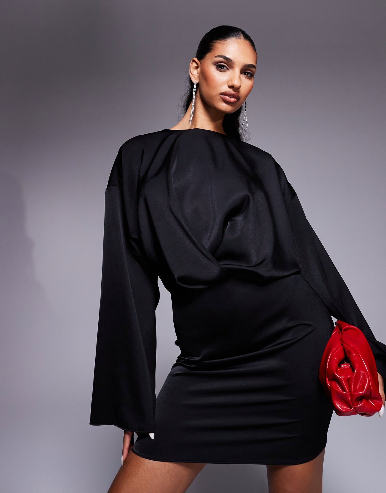 ASOS DESIGN long sleeve satin batwing mini dress in black