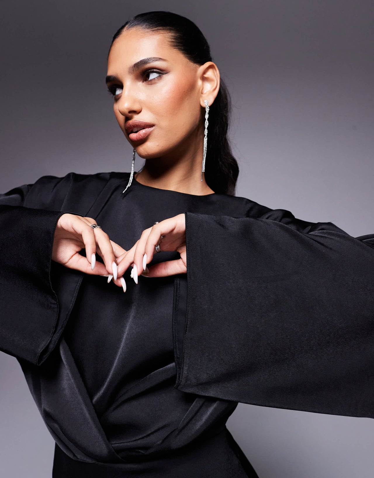 ASOS DESIGN long sleeve satin batwing mini dress in black