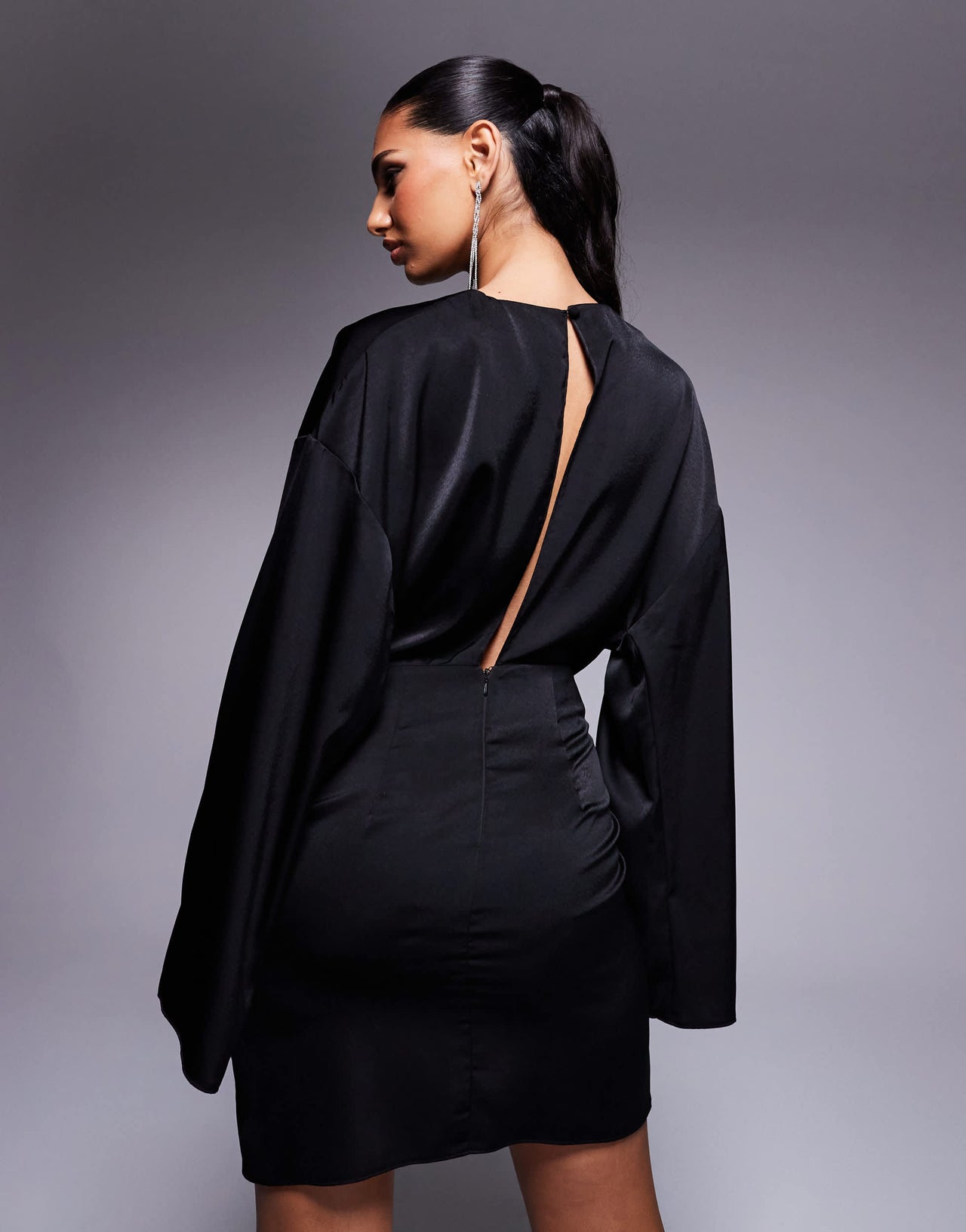 ASOS DESIGN long sleeve satin batwing mini dress in black