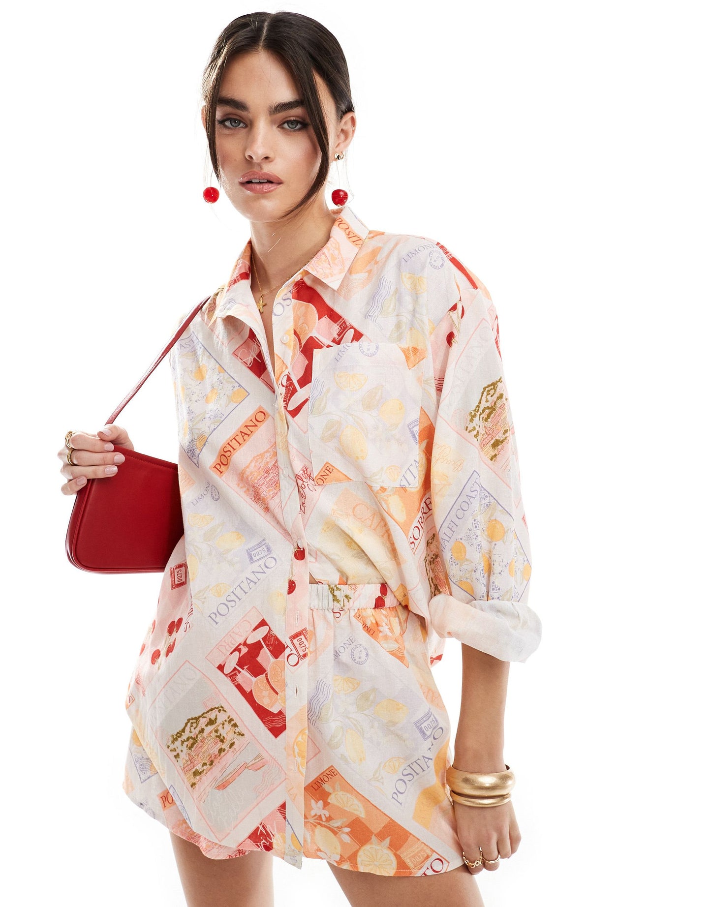 Miss Selfridge linen blend oversized shirt in postcard print
