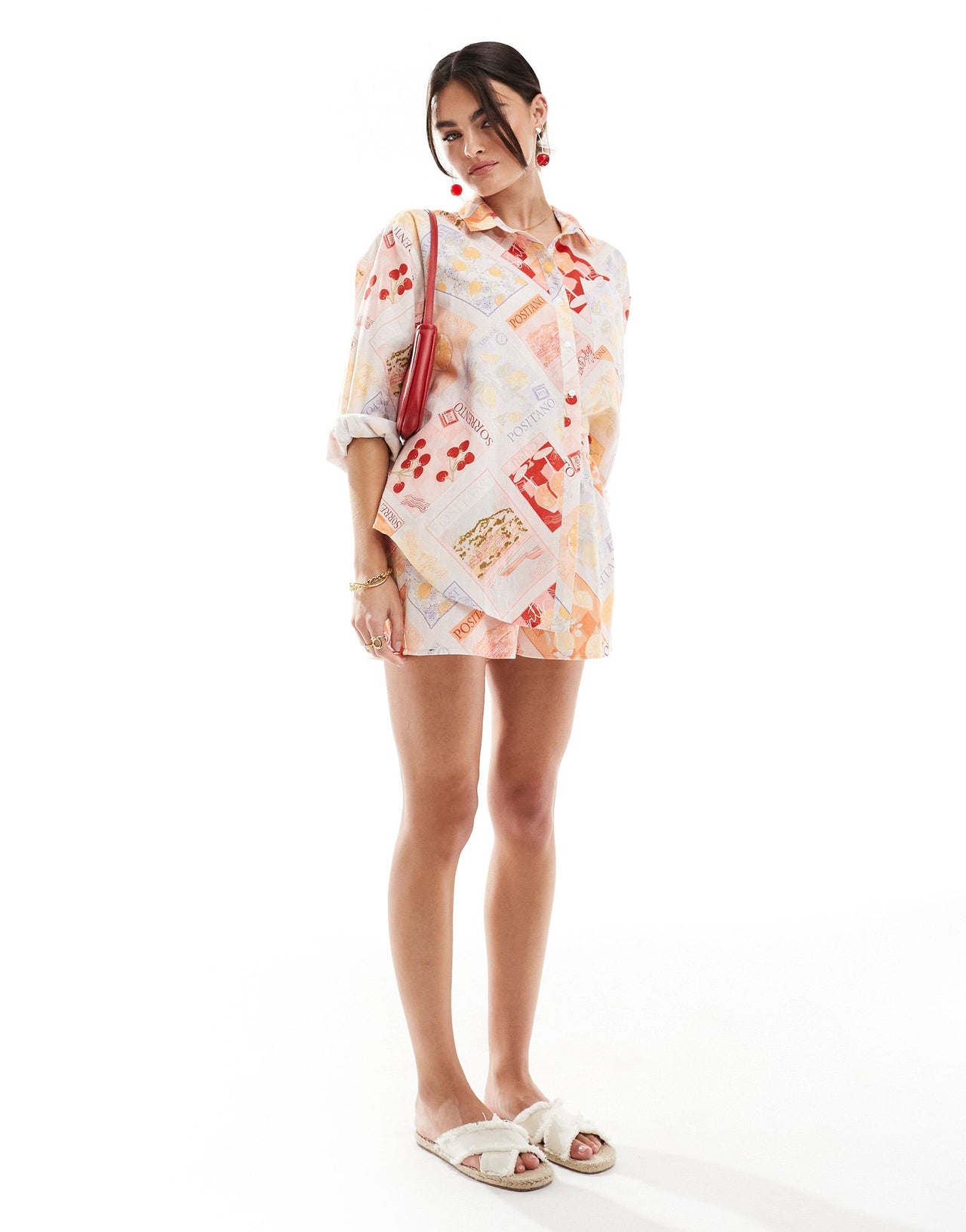 Miss Selfridge linen blend oversized shirt in postcard print