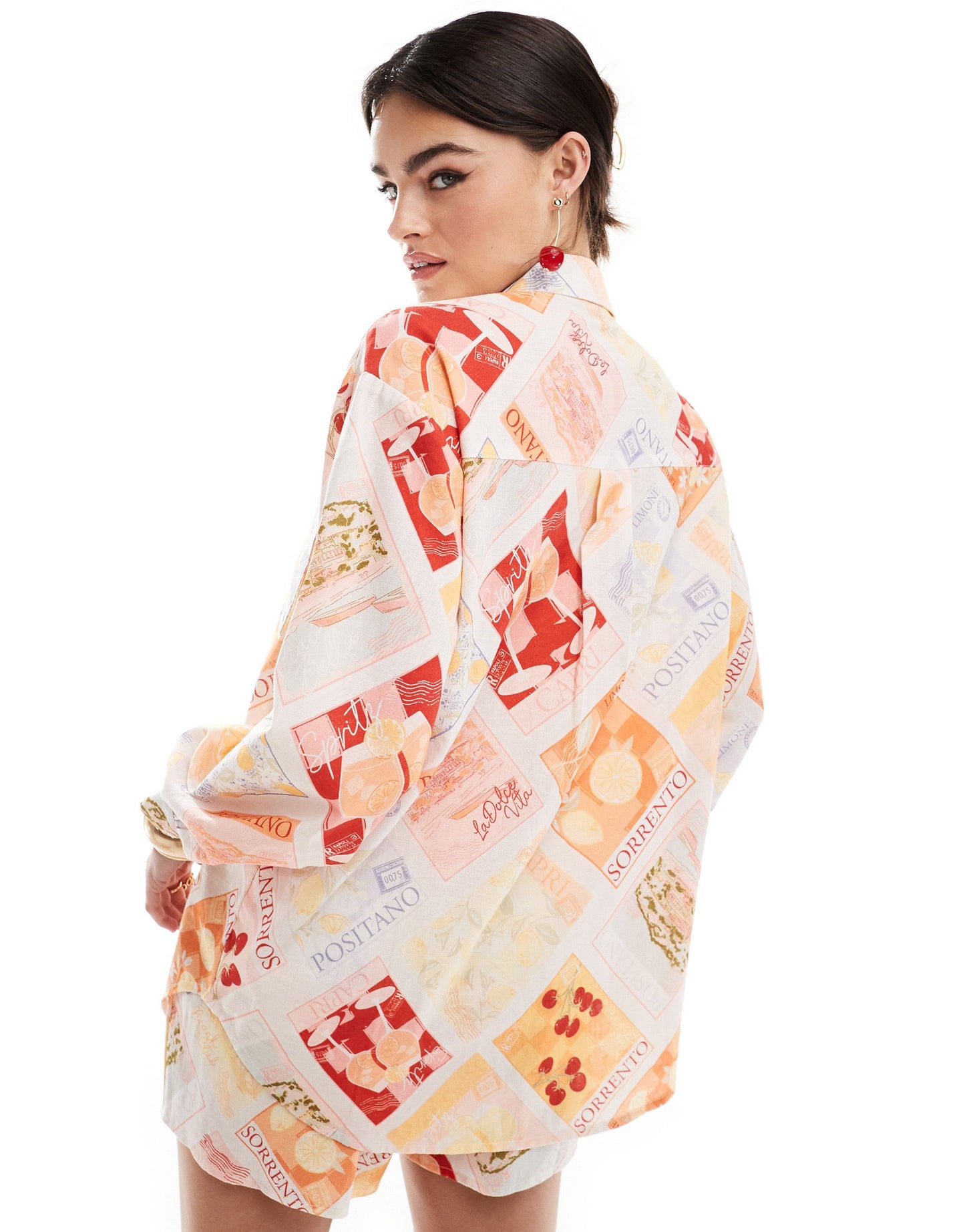 Miss Selfridge linen blend oversized shirt in postcard print