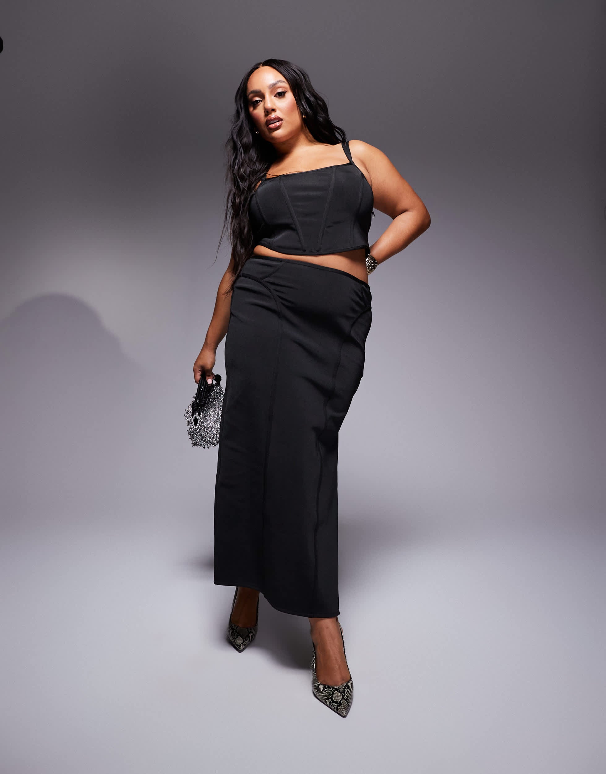 ASOS DESIGN Curve co-ord bandage midi skirt with seams in black
