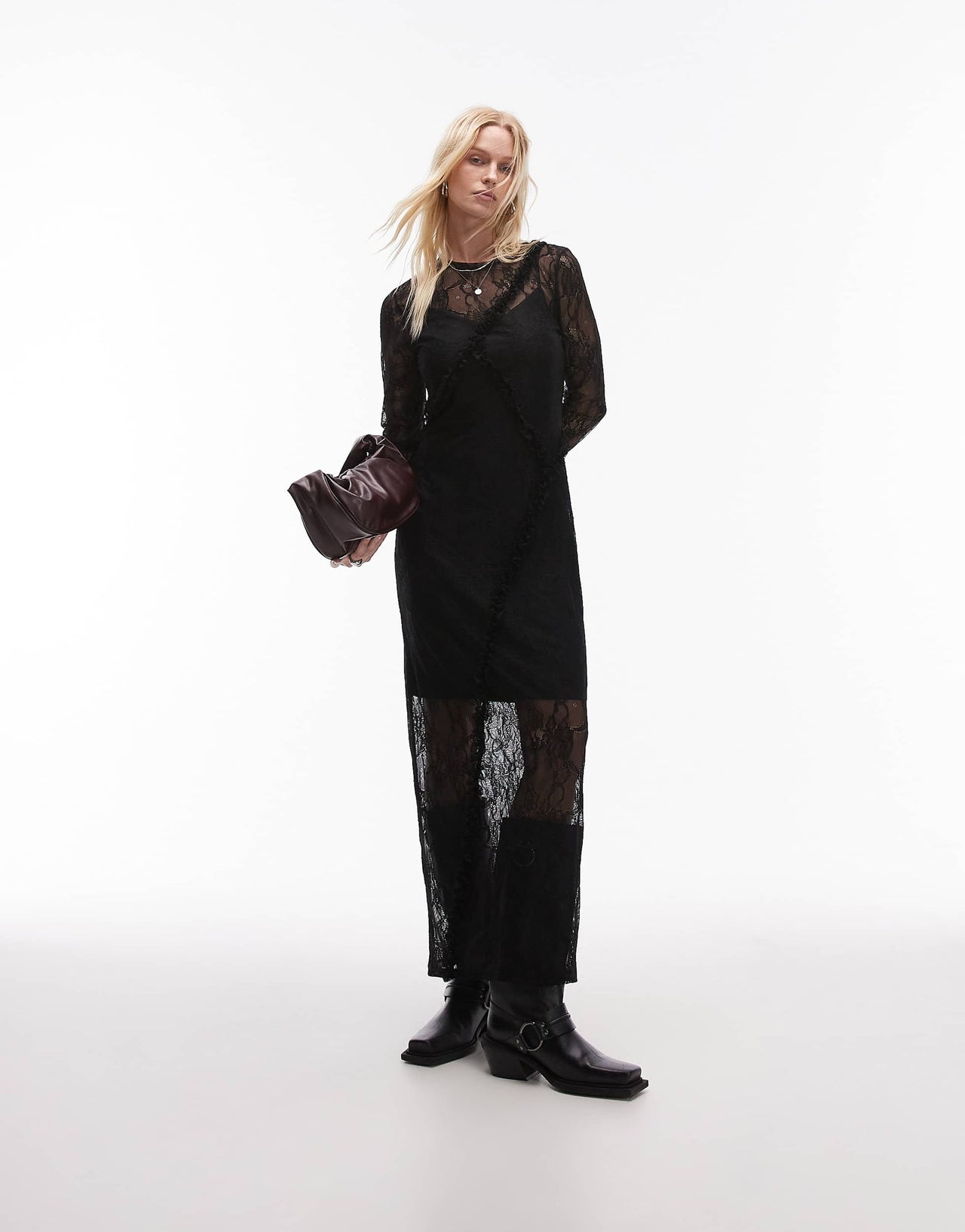 Topshop lace ruffle long sleeve maxi dress in black