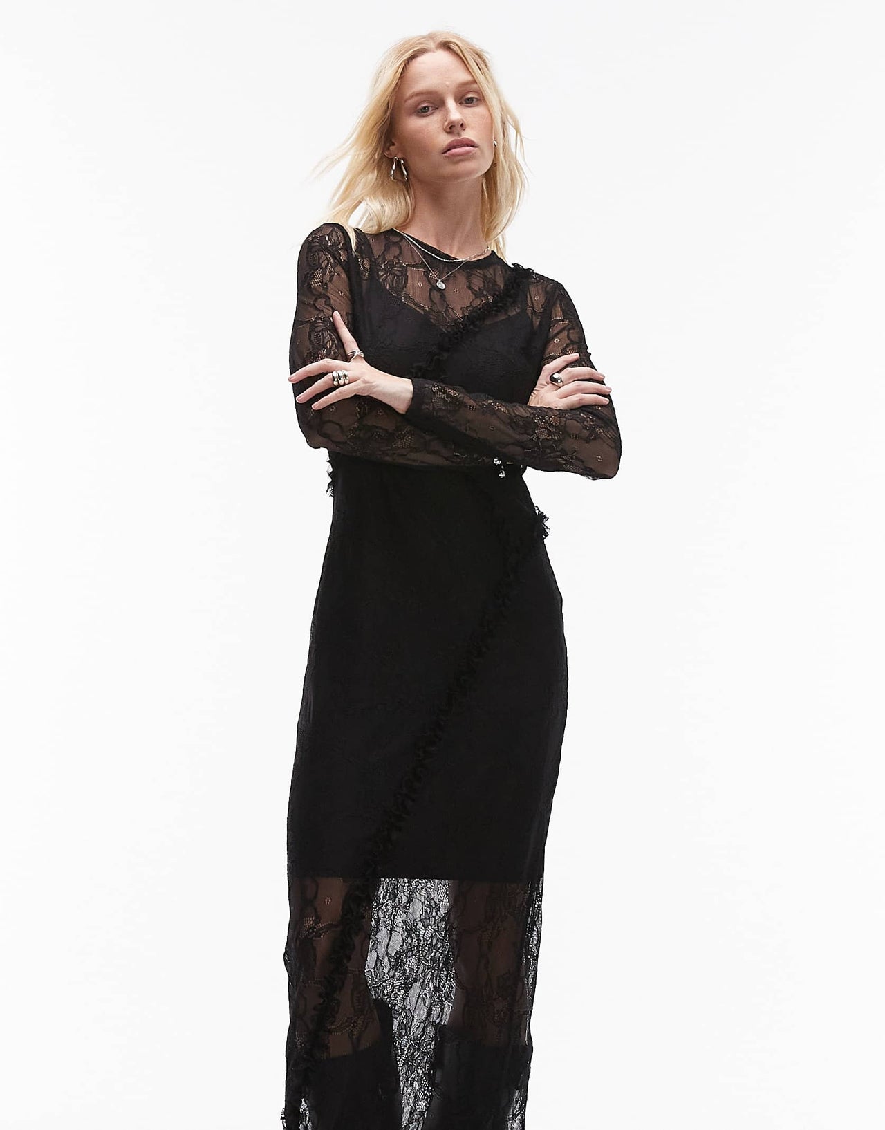 Topshop lace ruffle long sleeve maxi dress in black