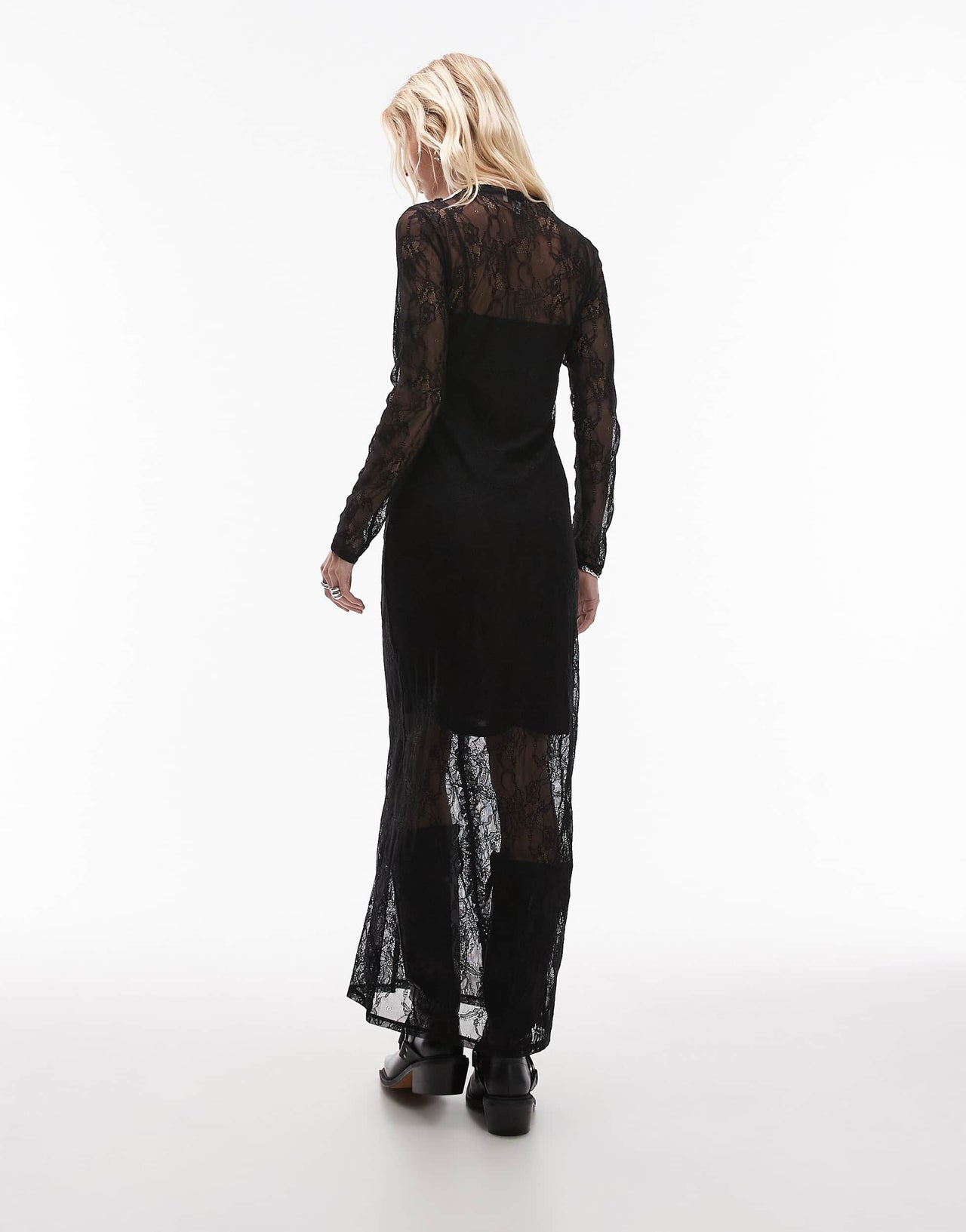 Topshop lace ruffle long sleeve maxi dress in black