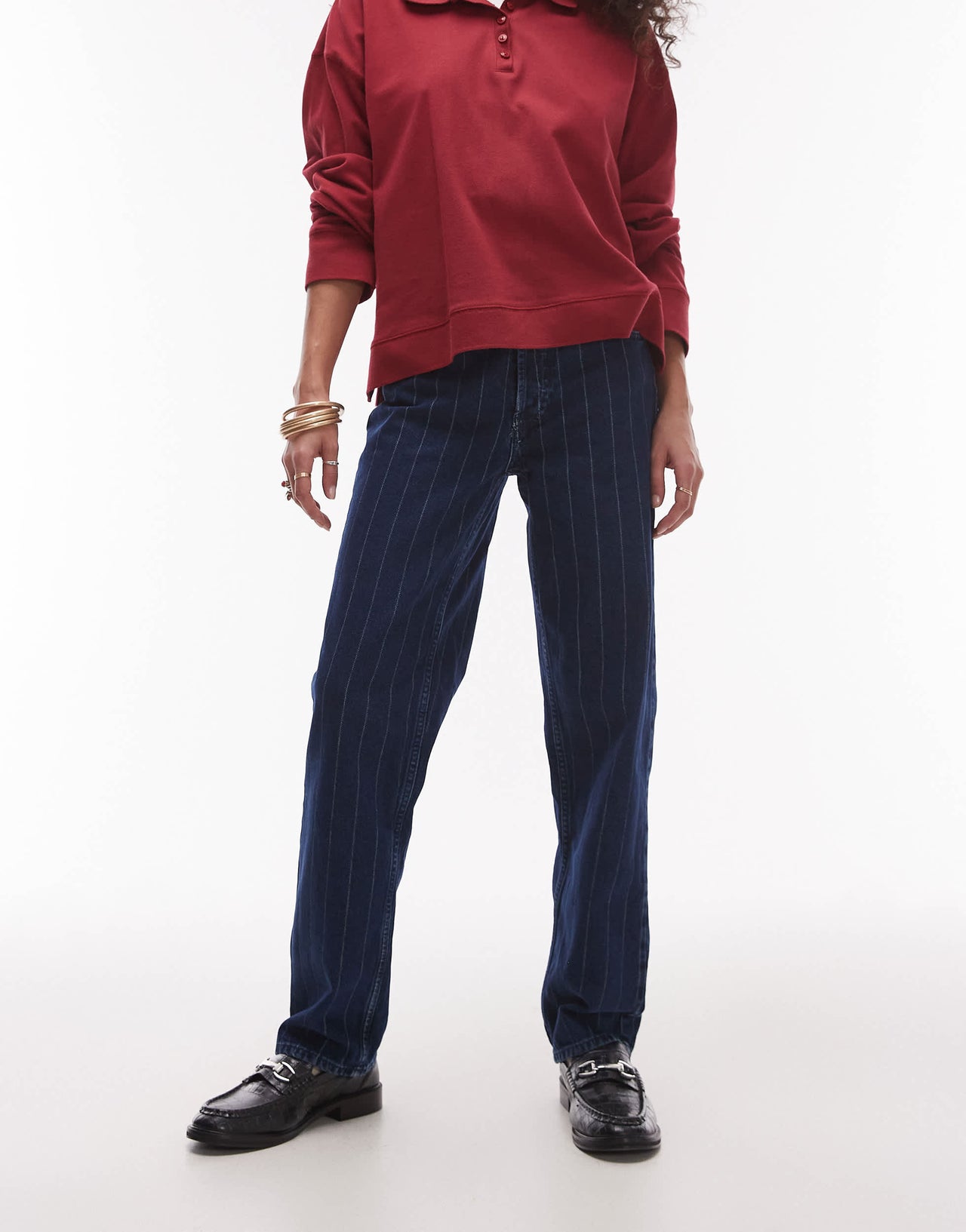 Topshop Runway mid rise straight jean in blue pinstripe