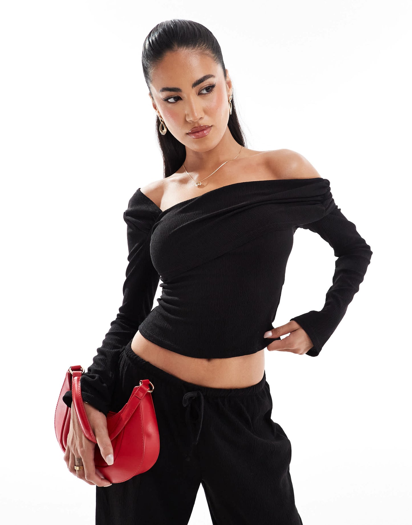 Kaiia exclusive ribbed asymmetric off shoulder long sleeve top co-ord in black