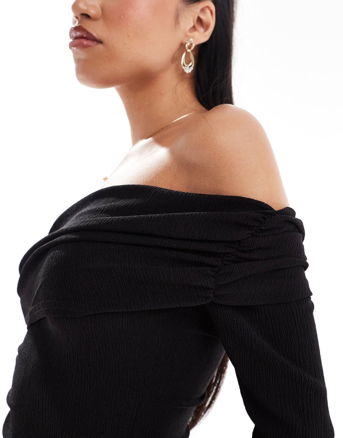 Kaiia exclusive ribbed asymmetric off shoulder long sleeve top co-ord in black