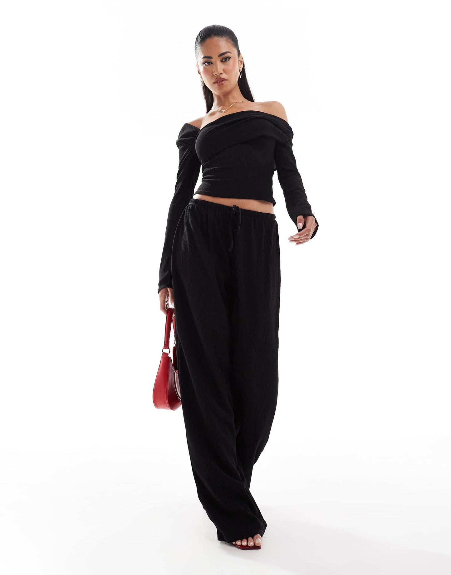 Kaiia exclusive ribbed asymmetric off shoulder long sleeve top co-ord in black