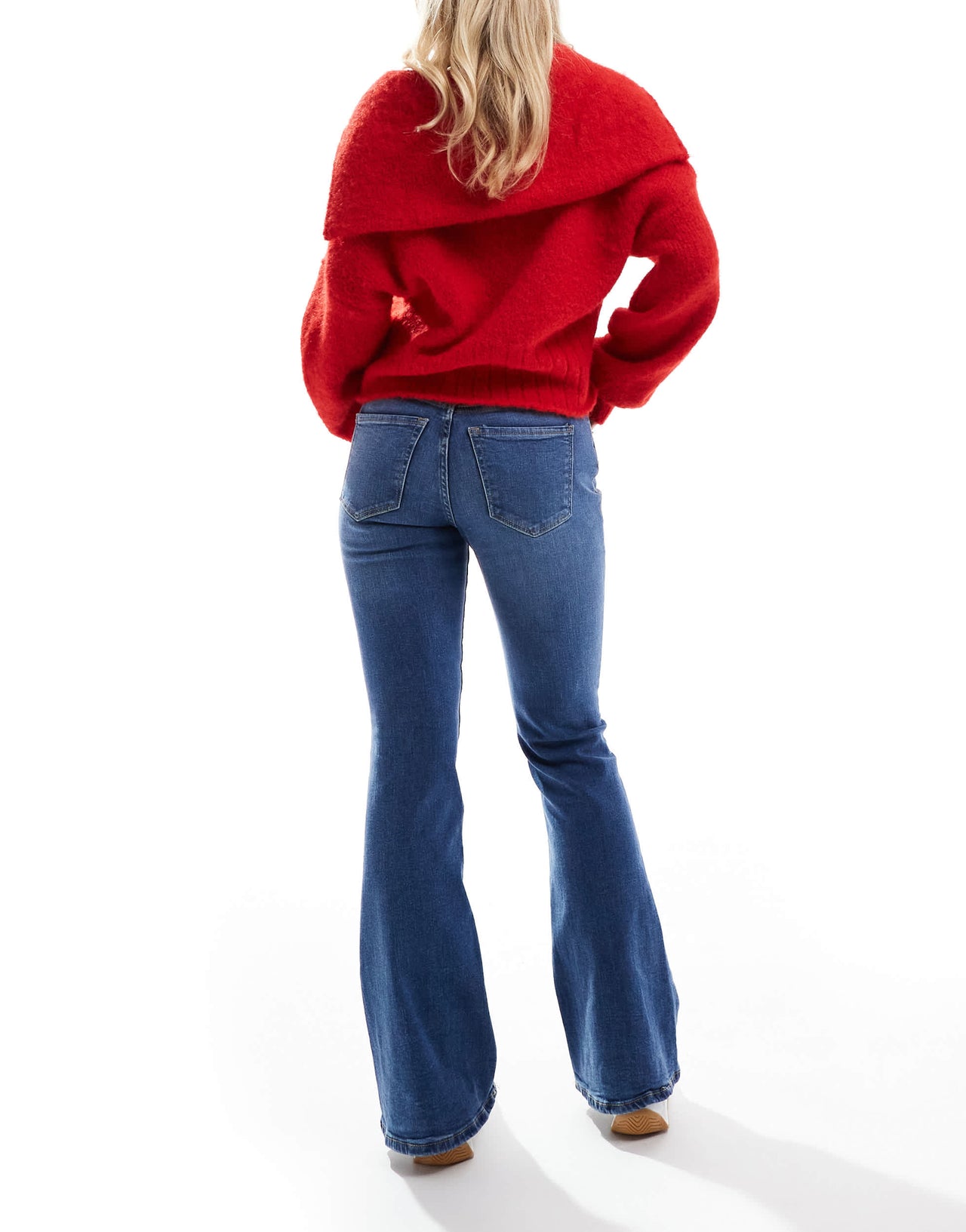 Bershka Petite high waisted flared jeans in light wash blue