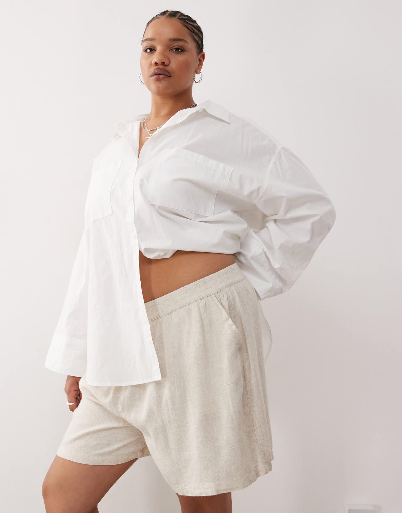 Noisy May Curve linen mix short in oatmeal