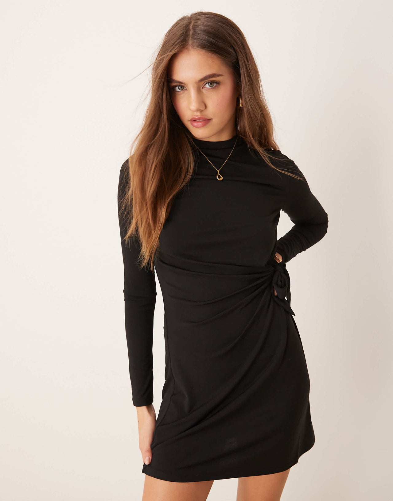 JDY front knot mini dress in black