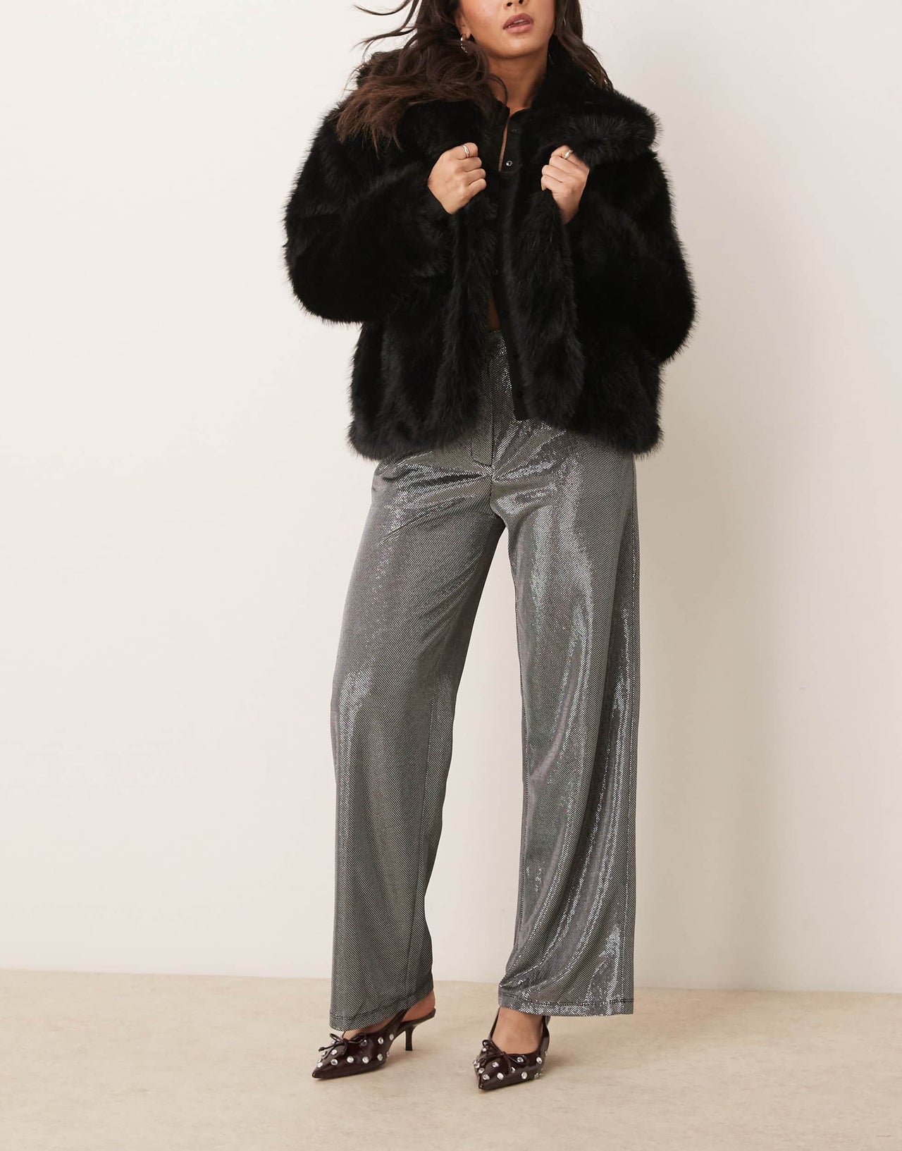 JDY ribbed wide leg trousers in silver