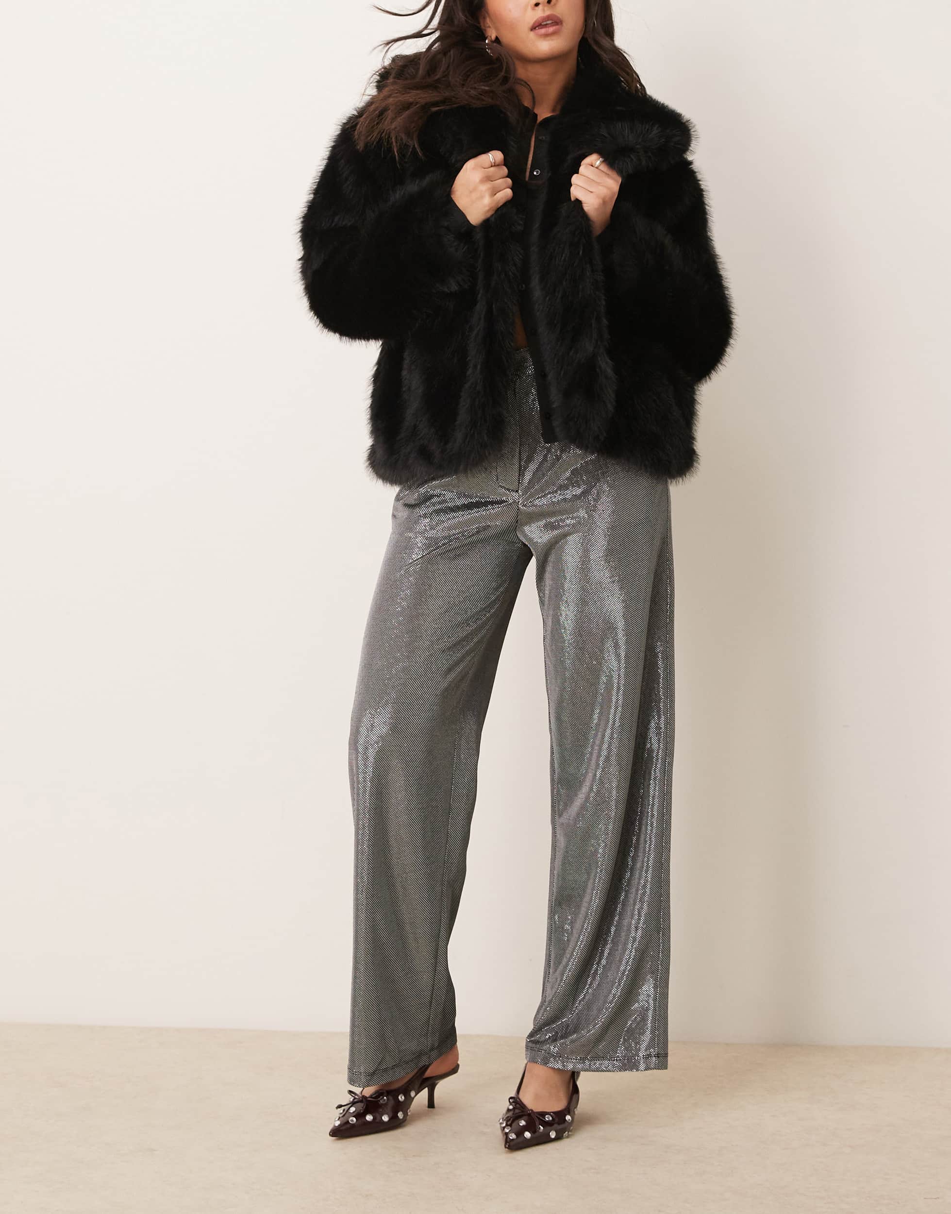 JDY ribbed wide leg trousers in silver