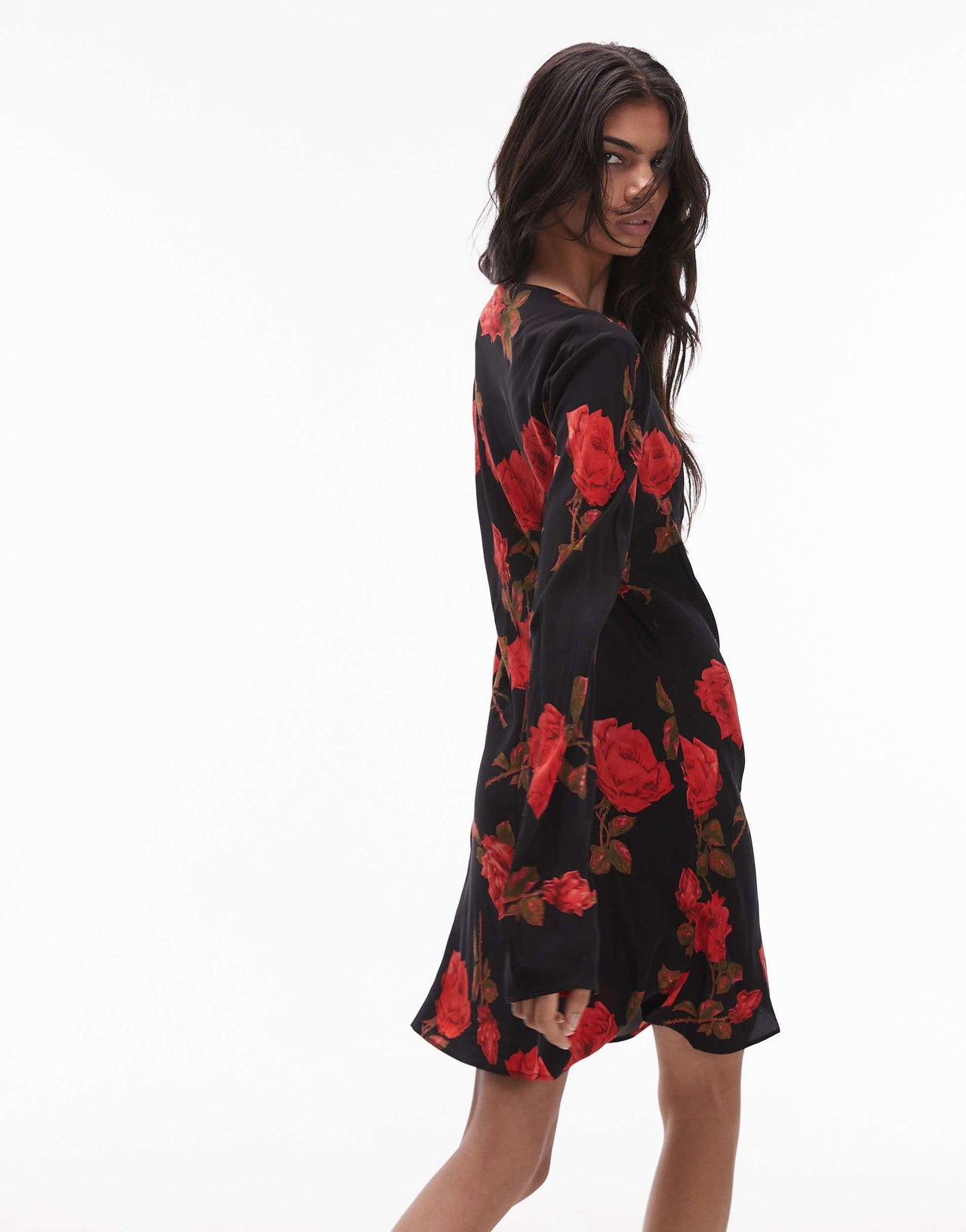 Topshop slash neck bias mini tea dress in rose floral