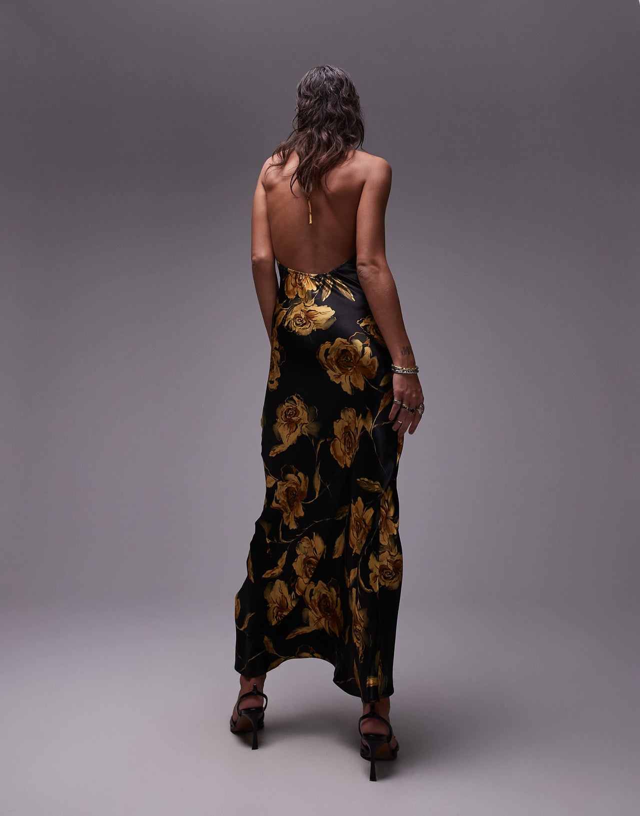 Topshop halter neck maxi bias in print in black and gold rose