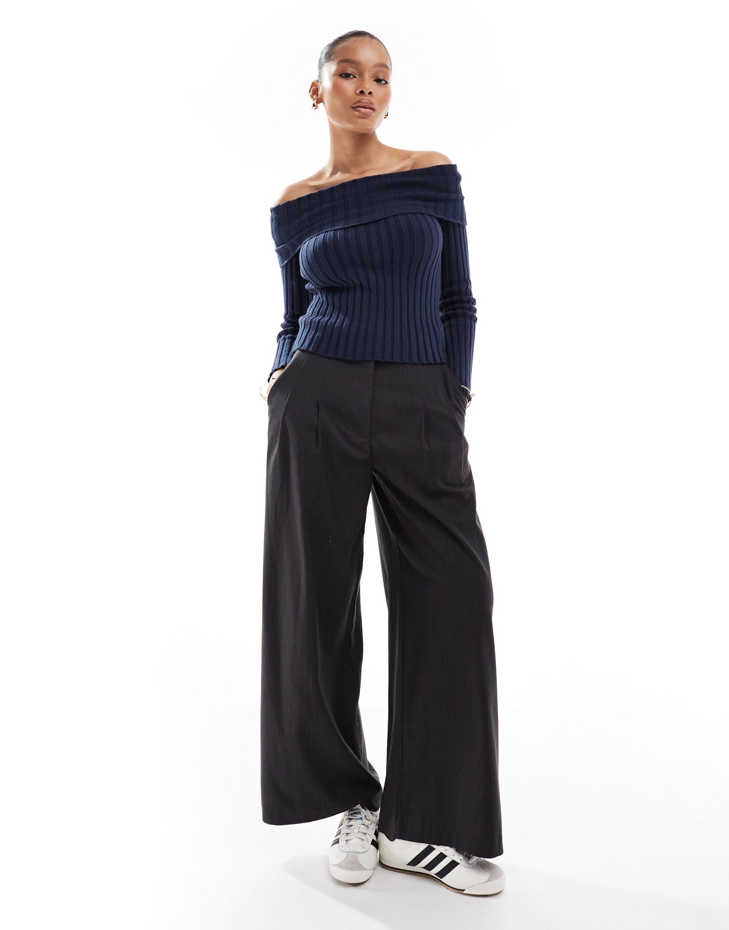 Pull&Bear bardot ribbed knit top in blue
