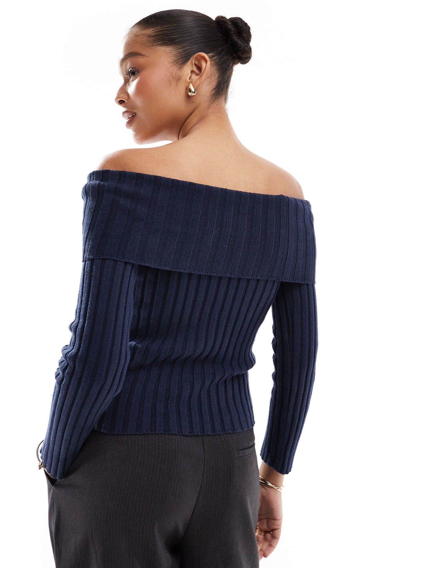 Pull&Bear bardot ribbed knit top in blue