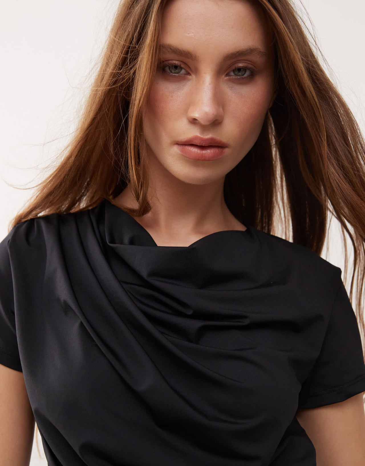 COLLUSION cowling drape detail slinky cap sleeve top in black
