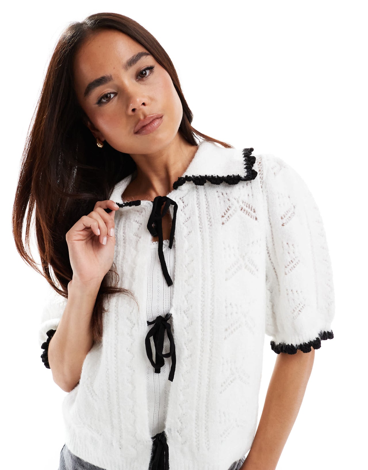 ASOS DESIGN stitch crew neck cardigan with frill in mono