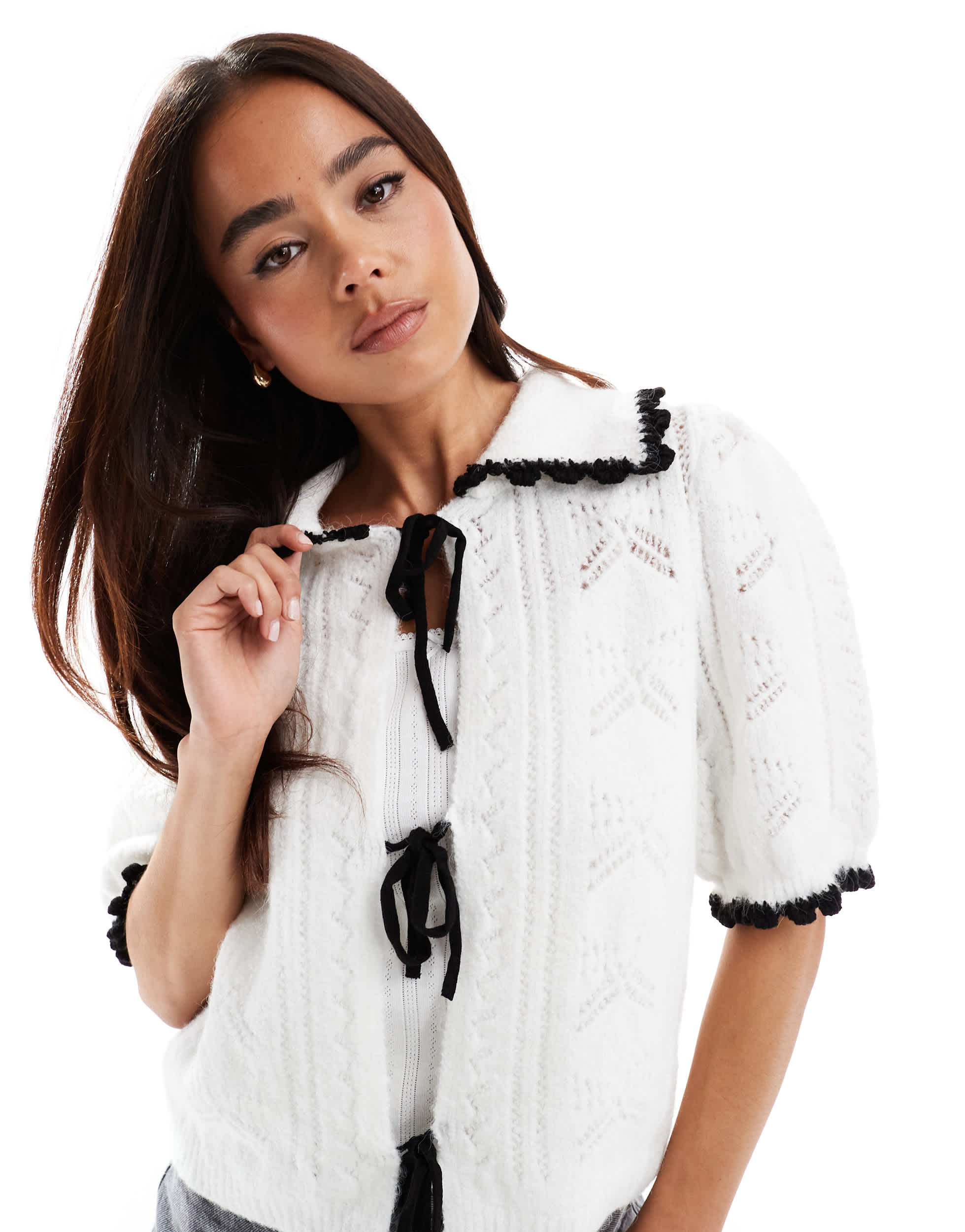 ASOS DESIGN stitch crew neck cardigan with frill in mono