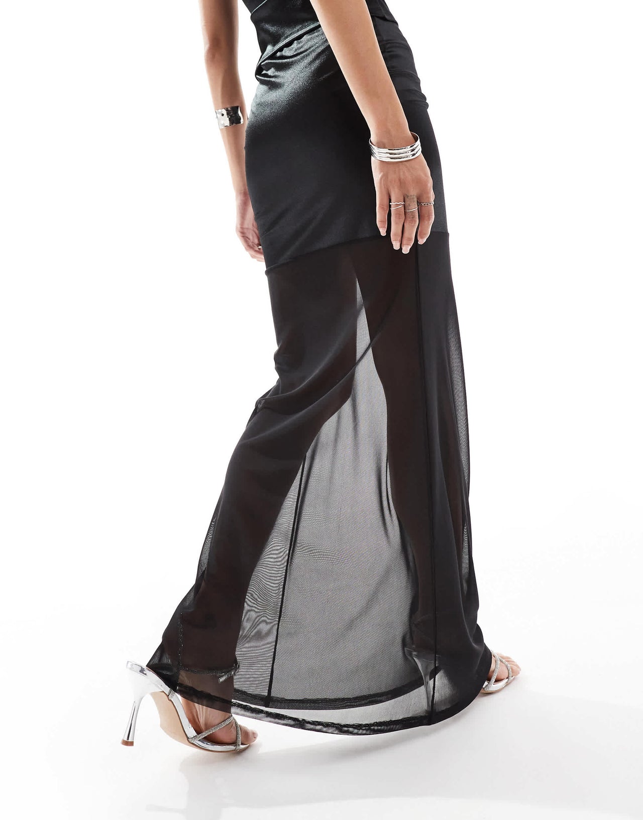 ASOS DESIGN co-ord stretch satin maxi skirt with sheer mesh hem in black