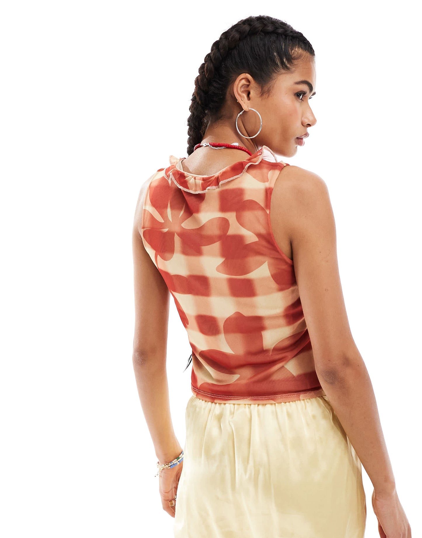 Reclaimed Vintage mesh tie front top in printed check and floral