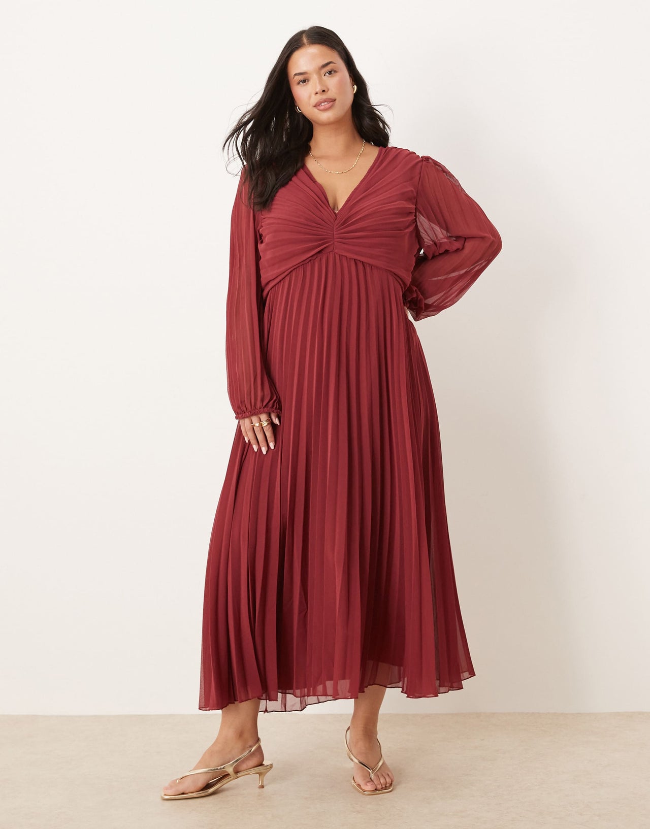 ASOS DESIGN Curve pleated bodice plunge neck midi dress in burgundy