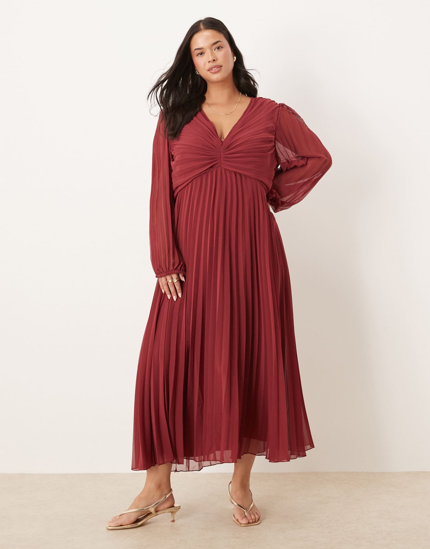 ASOS DESIGN Curve pleated bodice plunge neck midi dress in burgundy