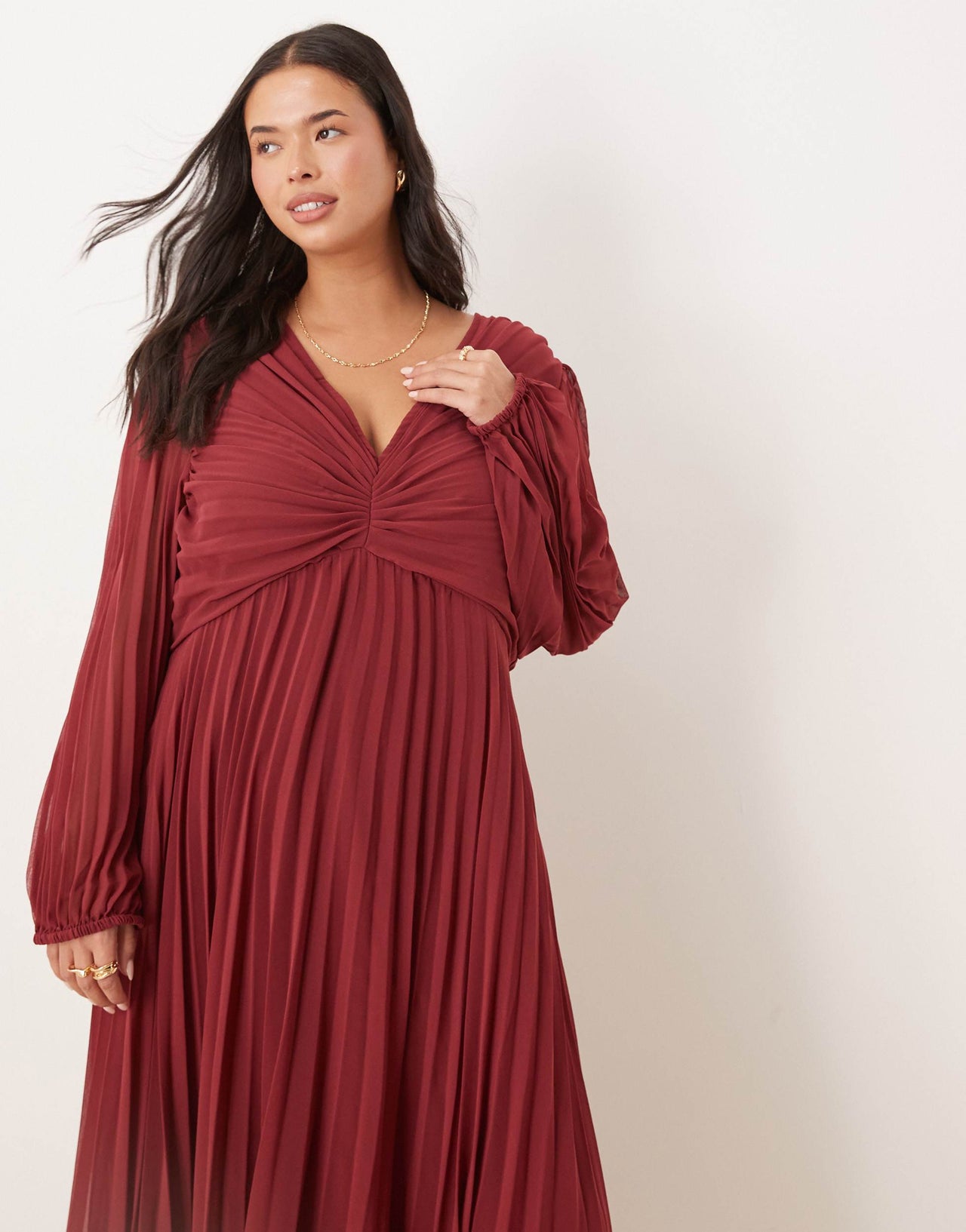 ASOS DESIGN Curve pleated bodice plunge neck midi dress in burgundy