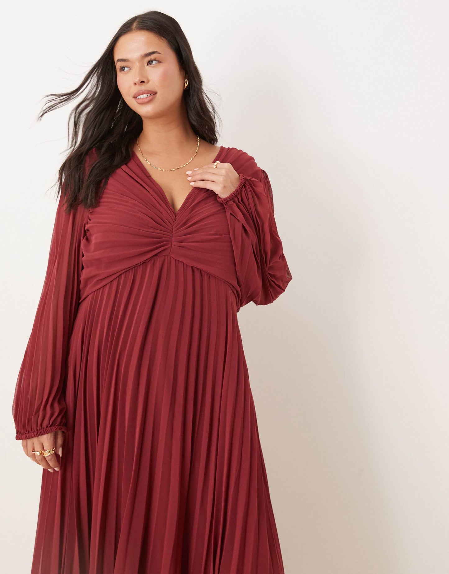 ASOS DESIGN Curve pleated bodice plunge neck midi dress in burgundy