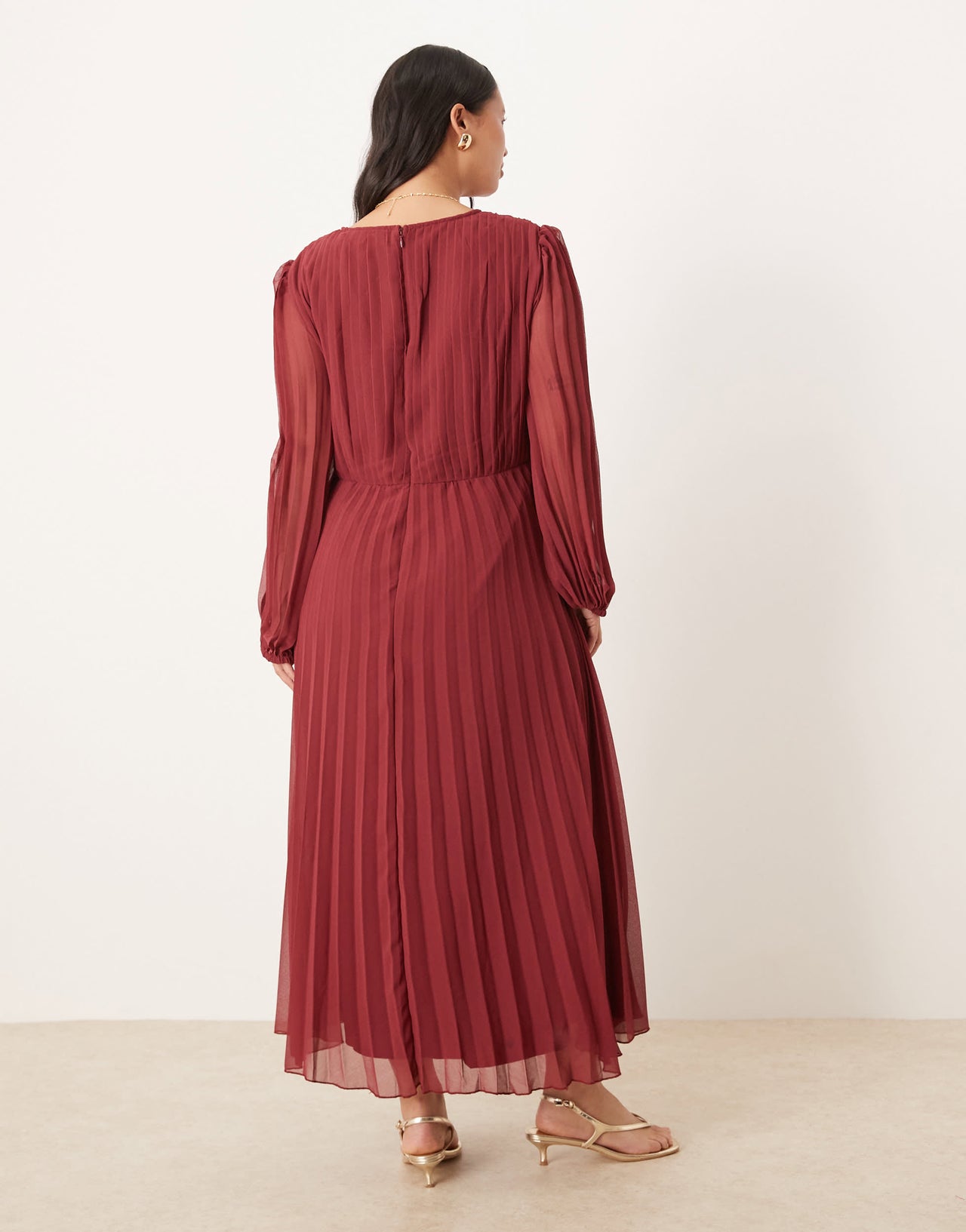 ASOS DESIGN Curve pleated bodice plunge neck midi dress in burgundy